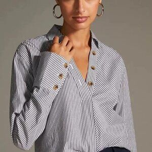 Maeve Black-and-White Striped V-Neck Button Cuff Blouse